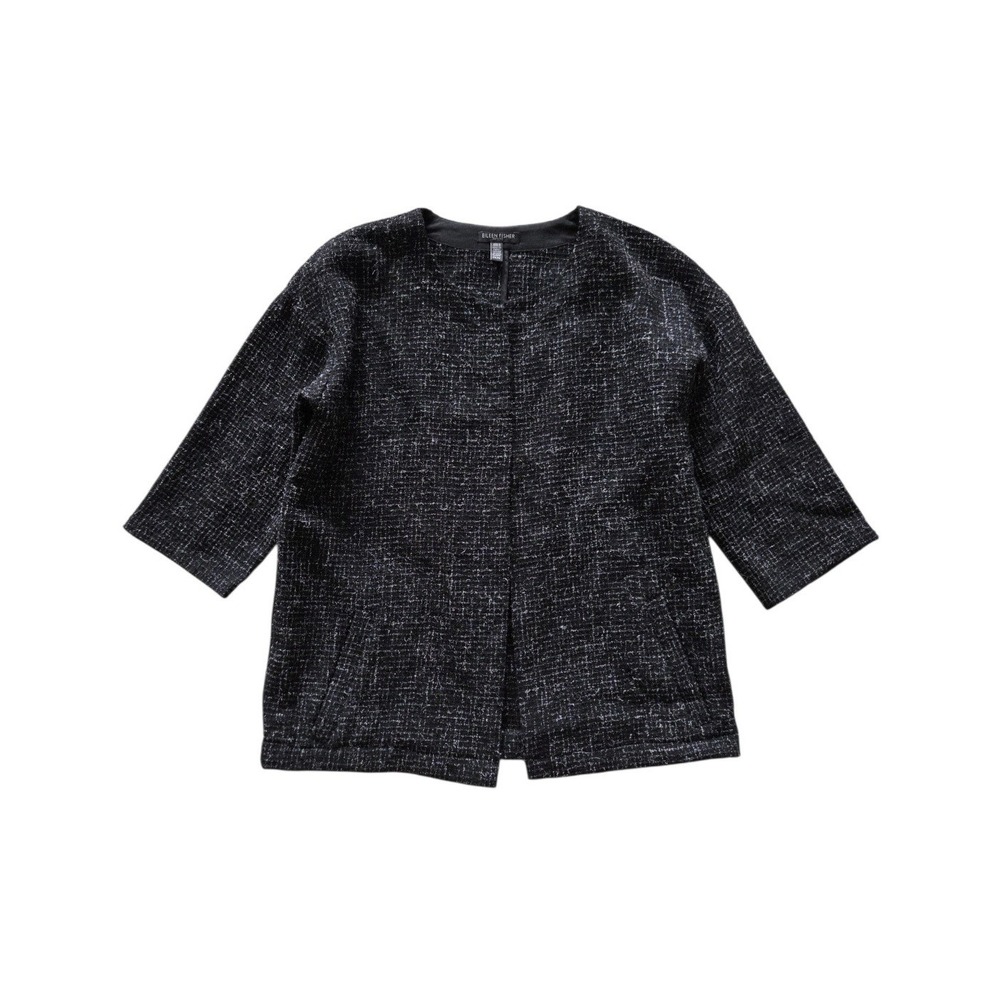 Eileen Fisher Virgin Wool Tweed Open‎ Front Jacket Small Petite Black Gray Chic